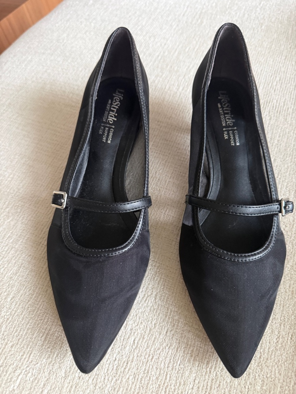 Life Stride Soft System Black Pointed Mary Jane kitten heel with Buckle Strap